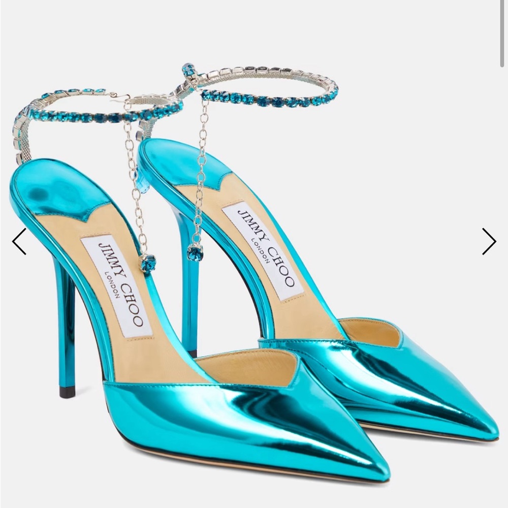 Jimmy Choo Saeda 100 Metallic Blue Green Crystal Chain Heels